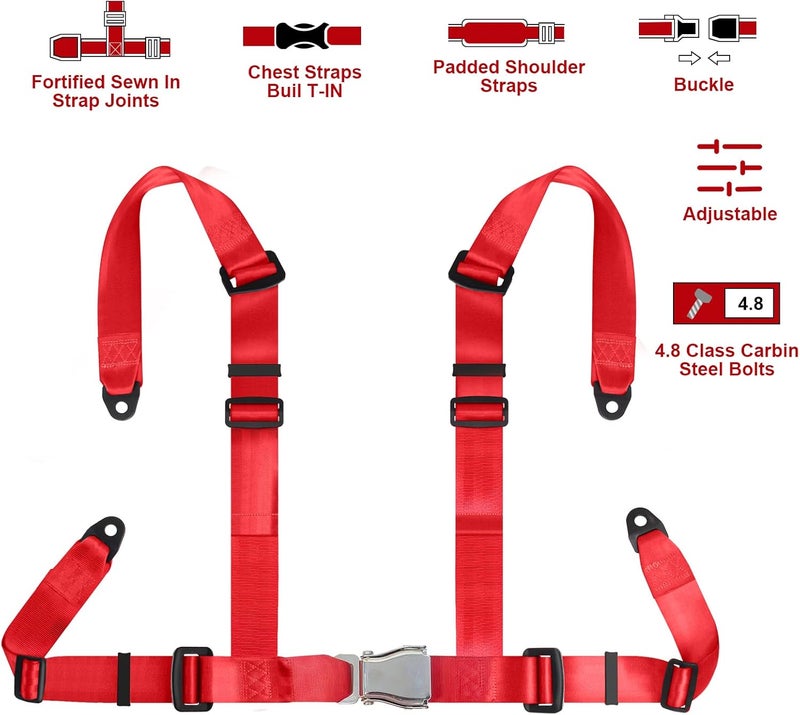 Yakitoko Universal 4 point Safety Harness Set 2" Fits Go Kart,UTV,ATV,Racing Red - Image 3